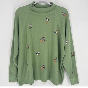 Disney Mickey & Friends Skiing Embroidered Waffle Knit Mock Neck Top Green 1X